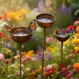 Vintage Rost Gartenstecker Metall, Blumenform Vogeltränke & Insektentränke, Wetterfeste Gartendeko für Draußen, Garten, Balkon, Hof und Terrasse (A)