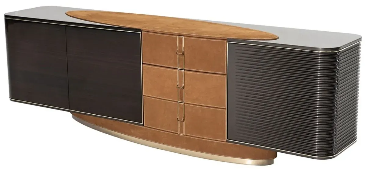 Casa Padrino Luxus Sideboard Hellbraun / Dunkelbraun / Grau / Gold 249 x 52,5 x H. 76 cm - Massivholz Schrank mit 3 Türen und 3 Schubladen - Luxus Möbel - Hotel Möbel - Luxus Einrichtung