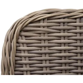 Mendler 2er-Set Poly-Rattan Stuhl HWC-E98, Rattanstuhl Gartenstuhl Korbsessel, Spun Poly halbrundes Rattan beige Kissen grau