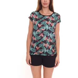 Tamaris Damen Sommer-Shirt Kurzarm-Bluse mit floralem Design Sommer-Oberteil 76819450 Schwarz/Grün - 38