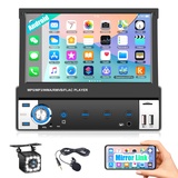 CAMECHO Android Autoradio mit 7 Zoll Ausfahrbarem Display,1 DIN Autoradio mit Navi FM WiFi Spiegel Link Bluetooth und USB+ Rückfahrkamera