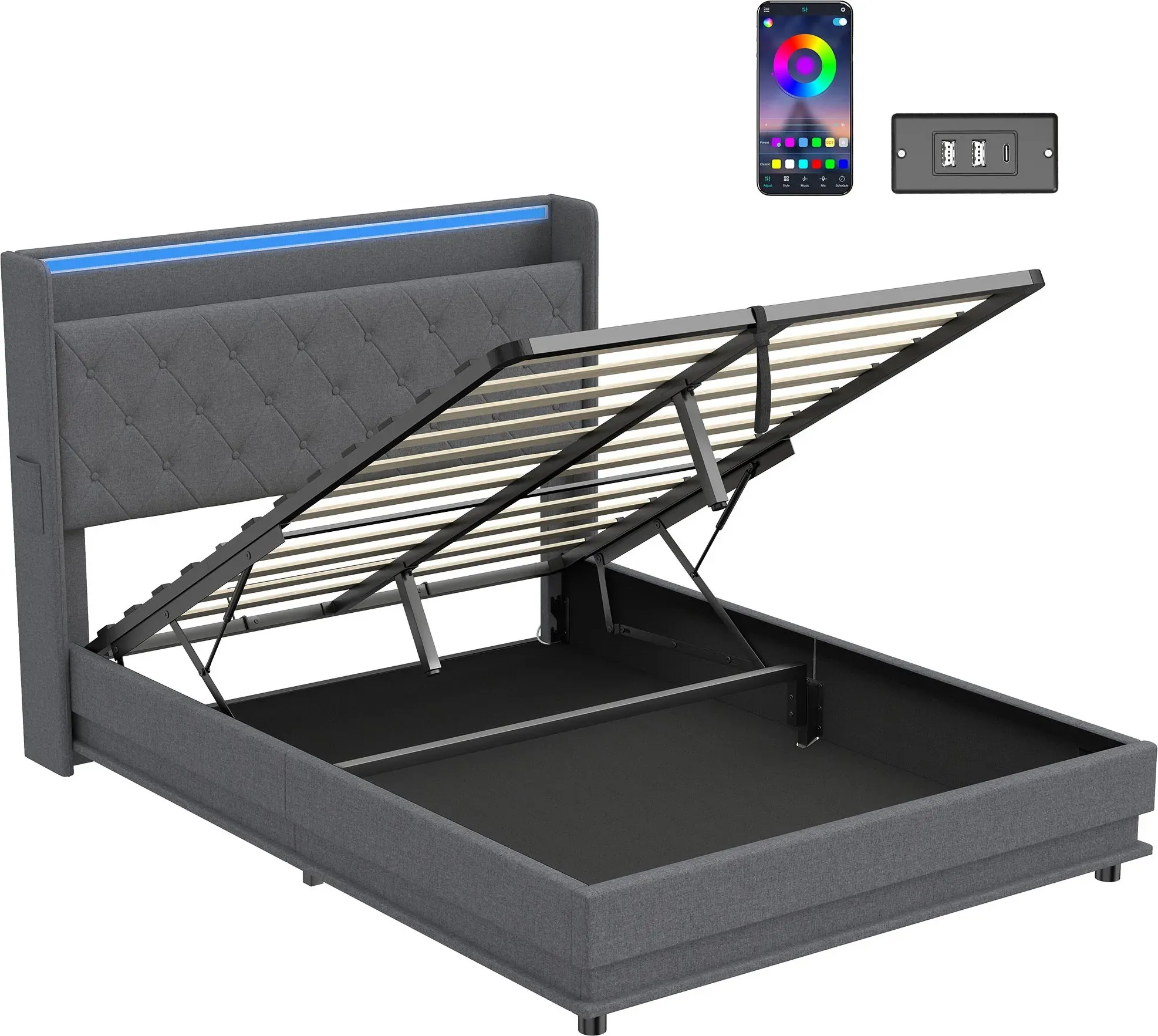 HOMCOM Bett mit Stauraum 140 x 190 cm mit LED-Beleuchtung & Ladestation, gepolstertes Leinen-Doppelbettgestell, hydraulischer Stauraum, Holzlattenrost, Kopfteil, einfache Montage, geräuscharm, grau   Aosom