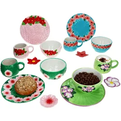 Flori Flower 16tlg Frühstücksset Steingut Teller Becher Schale Ablage Blumen