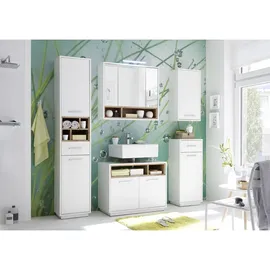 Stella Trading Waschbeckenunterschrank in Wildeiche Optik, Weiß Hochglanz - Bad Unterschrank Badezimmerschrank mit viel Stauraum - 80 x 64 x 40 cm (B/H/T)