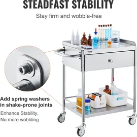 Vevor Zweistöckiger Laborwagen Gerätewagen Servierwagen Edelstahl Abräumwagen mit Schubladen 100 kg Tragfähigkeit, 710 x 421 x 785 mm (mit Griff) Labor Rollwagen