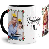 Tasse - Lieblings-Papa - zum selbst Gestalten mit zwei Fotos - personalisierbare Fototasse für Papa aus Keramik, Innen & Henkel Schwarz, 300 ml