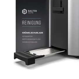 Balter Toaster 4 Scheiben, Langschlitz, Edelstahl, Brötchenaufsatz, LCD Display Restzeitanzeige, Auftaufunktion, Brotzentrierung, Krümelschublad