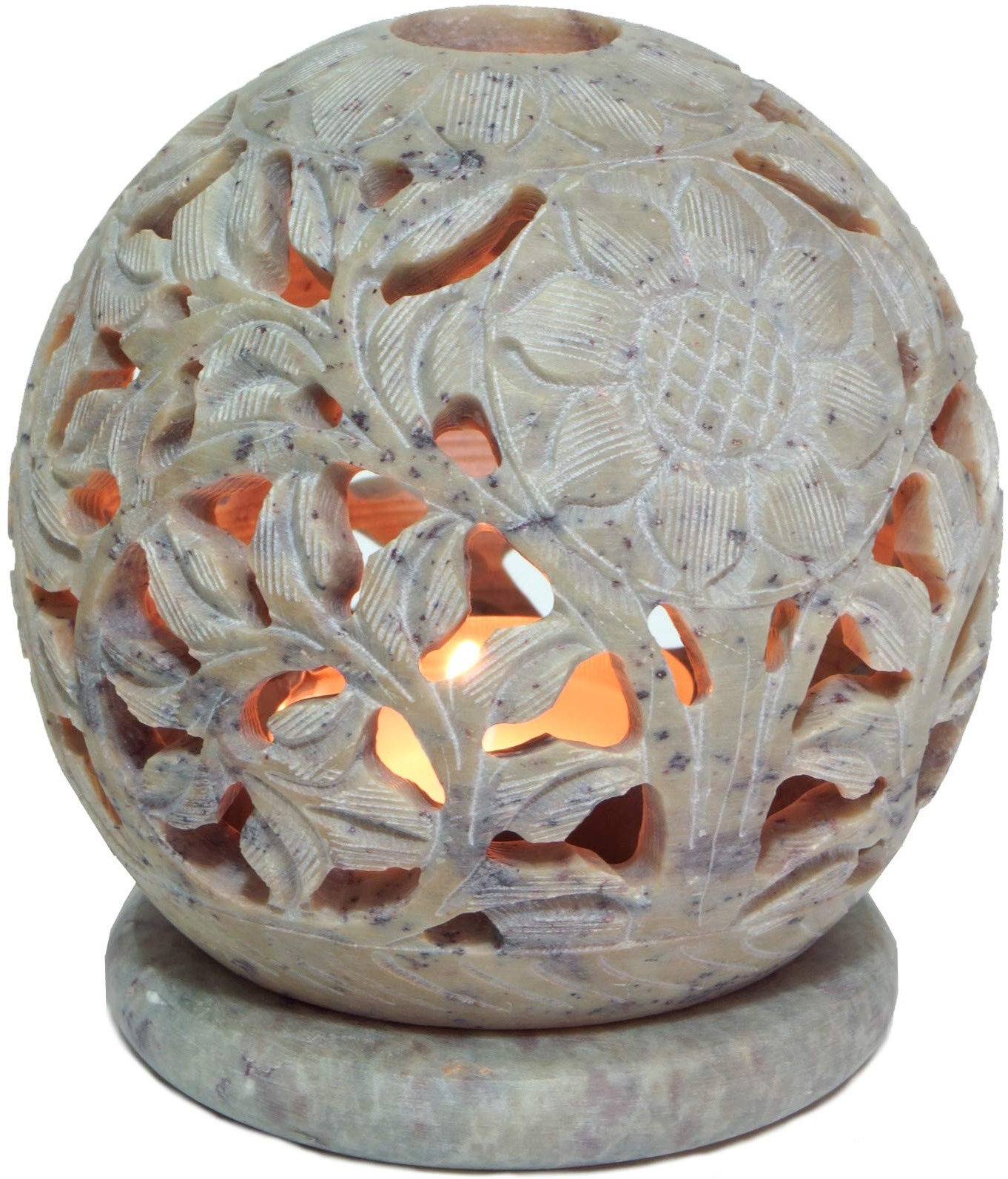 GURU SHOP Indisches Duft Potpourri Behälter aus Speckstein, Teelicht - Kugel Blüten, Creme-weiß, 8,5x8x8 cm, Duftlampen & Öllampen