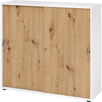 bümö Schiebetürenschrank "3OH" - Aktenschrank abschließbar, Sideboard Schrank mit Schiebetüren in Weiß/Asteiche - Büroschrank aus Holz mit