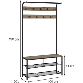 Vicco Garderobe Fyrk, 100 x 190 cm, Eiche Schwarz, Ablage, Bank & Kleiderhaken,
