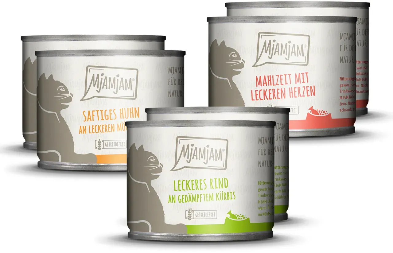 MJAMJAM Mixpaket 6 x 200g Dose Katzennassfutter Mixpaket I - Huhn, Rind & Herzen