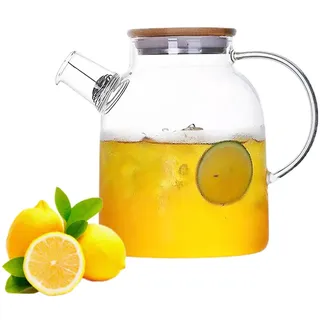 Teekanne,Mengger Teekanne Glas 1800ML,Glaskaraffe Mit Deckel,Teapot Glaskanne Transparente,Auslaufsicherer Ausguss,Wasserkaraffe Geeignet für Tee Blumentee Früchtetee Kalte und Heiße Getränke
