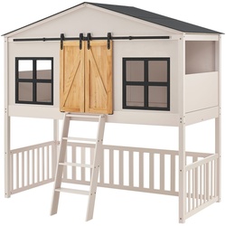 Juskys Kinderbett Farmhaus 90×200 cm mit Treppe, Dach & Lattenrost – Hausbett rosa für Kinder