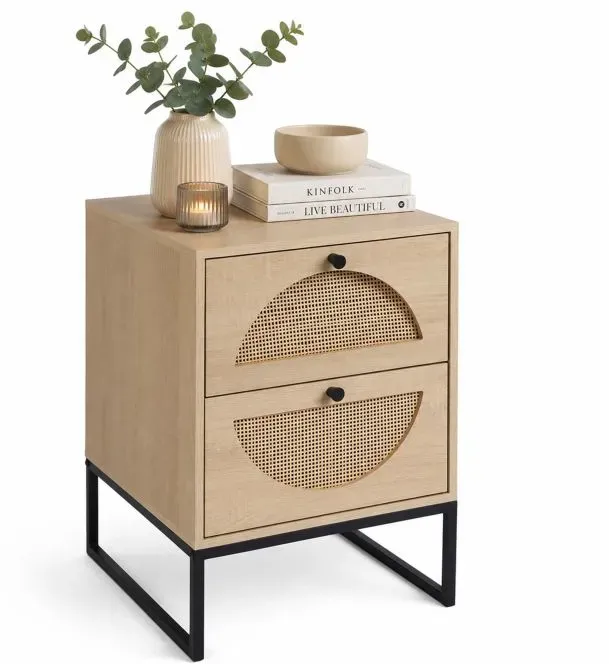 Relaxdays Nachttisch mit Rattan-Details Hellbraun,Schwarz