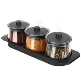 Belle Vous 4er Set Gewürzgläser mit Tablett - Gewürzdosen Set - Aufbewahrungsbehälter mit Deckeln und Löffeln - Gewürzgläser - Zuckerdose - Glasdosen mit Deckel Set - Honigglas
