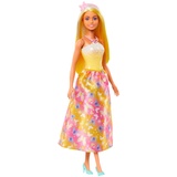 Barbie Royal-Puppe mit Haar mit Strähnchen, bunten Accessoires, Oberteil in Gelb mit Farbverlauf und Rock mit Schmetterlingsmuster, HRR09