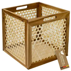 HMF Aufbewahrungskorb passend für Kallax Regale, Korb aus Rattan mit Wiener Geflecht und Akazienholz, Muster 2, 32 x 34 x 32 cm