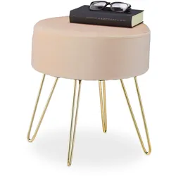 Relaxdays Hocker Samt, Haarnadelbeine, gepolsterter Sitzhocker, H x D: 40 x 37 cm, Couchhocker Wohnzimmer, beige/gold