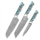 Home Safety 3er Damast Messerset - Damast Küchenmesser Set mit 12.4-20 cm Klinge - Damastmesser Set aus Kochmesser, Santokumesser und Obstmesser - Gemüsemesser Set 67 Lagen VG-10 Damaststahl