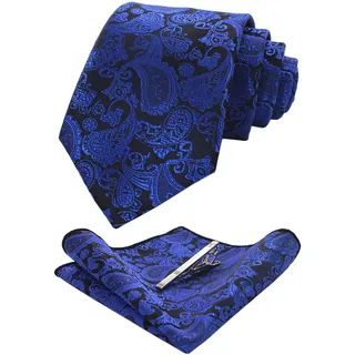 JEMYGINS Blau krawatte Paisley Seide Herren Krawatten und Einstecktuch mit krawattenklammer Sets (9) - M