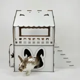 Jungengel Kaninchenhaus drinnen Weiß 2 Etagen XL | Modernes MDF Kleintierhaus für drinnen mit Rampe & Balkon Futterbox | Zwergkaninchen Zubehör