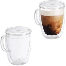 Relaxdays Doppelwandige Kaffeegläser, 2er Set, 500 ml, Teegläser mit Henkel & Deckel, Borosilikatglas, transparent