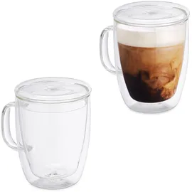 Relaxdays Doppelwandige Kaffeegläser, 2er Set, 500 ml, Teegläser mit Henkel & Deckel, Borosilikatglas, transparent
