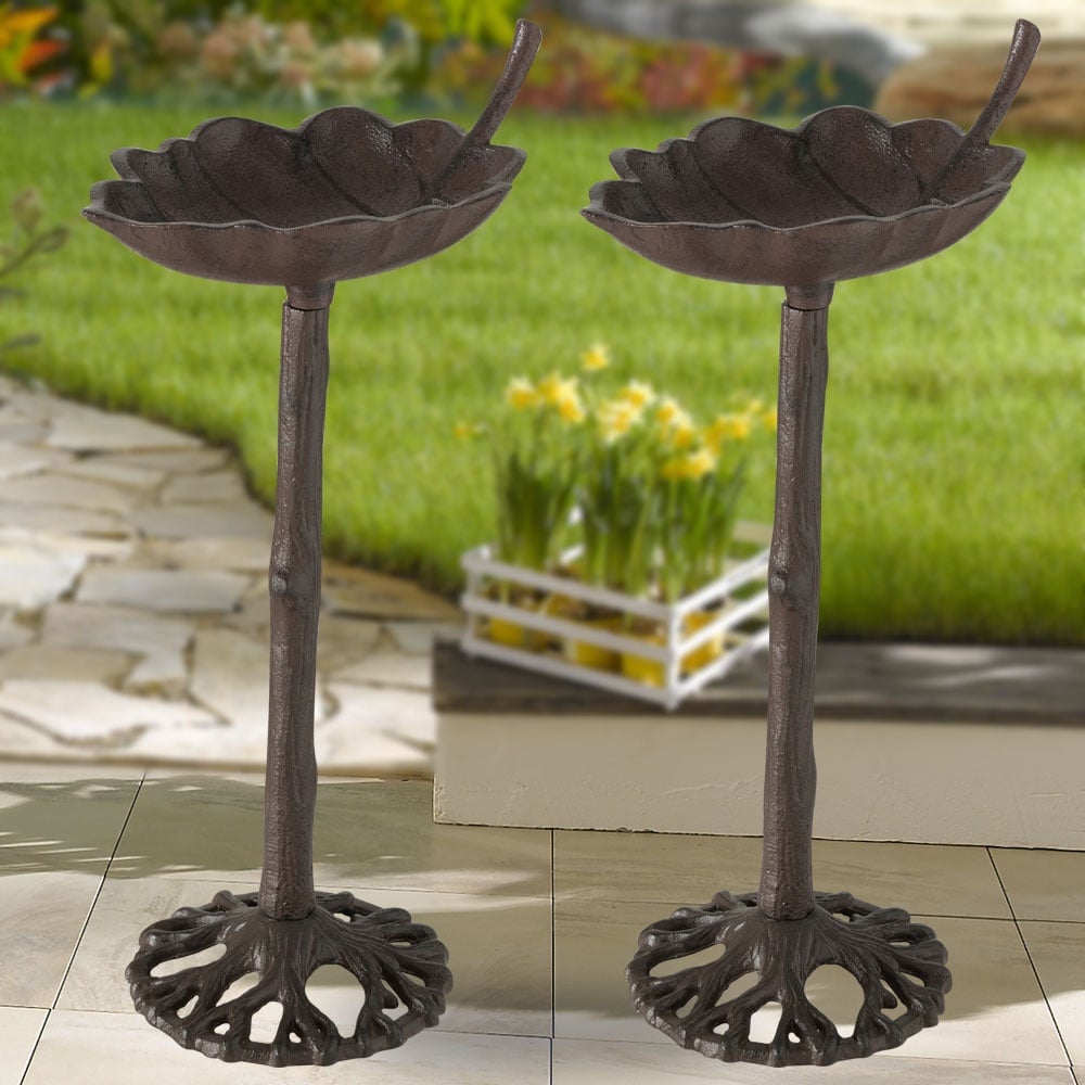 2x Blatt Design Vogel Tränke Garten Außen Stand Dekoration Vogel-Bad Schale Becken Gusseisen braun