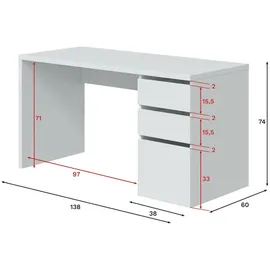 Dmora Schreibtisch Weiß 138x74x60 cm, Arbeitszimmer, Schreibtische, Bürotische