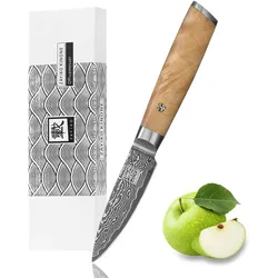 Zayiko Kinone Damast Officemesser I 8 cm Klinge I Wurzelholzgriff Birke
