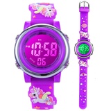 Kleinkind Kinder Digitaluhren für Mädchen Jungen,3D Cute Cartoon 7 Farblichter wasserdichte Sport Elektronische Armbanduhr mit Alarm Stoppuhr für 3-10 Jahre Kinder (Einhorn-Lila)