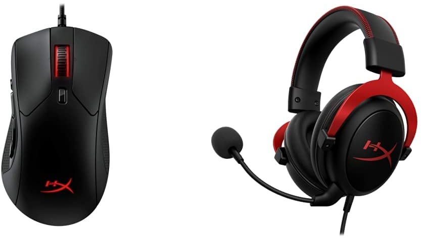 HyperX HX-MC005B Pulsefire Raid - Ergonomische - 11 programmierbare Tasten RGB Gaming Maus Mouse, Schwarz & KHX-HSCP-RD Cloud II - Gaming Kopfhörer (für PC/PS4/Mac) rot, red