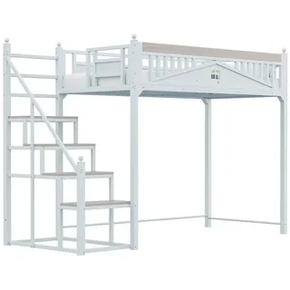 OKWISH Hochbett Einzelbett,Jugendbett,Hochbett (Metall-Hochbett mit Flexibler Sicherheitsleiter, Stauraum unter der Leiter, Einzigartigem Fensterdesign, Hochbett 90 x 200cm) ohne Matratze weiß