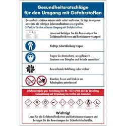 Aushang, Gesundheitsratschläge für den Umgang mit Gefahrstoffen - GHS/ISO 7010 Piktogramme - 410x595x1.5 mm Kunststoff