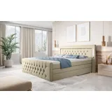 luxusbetten24 Boxspringbett Queen mit LED, USB und Stauraum - 180x200 - Beige 180 cm x 200 cm