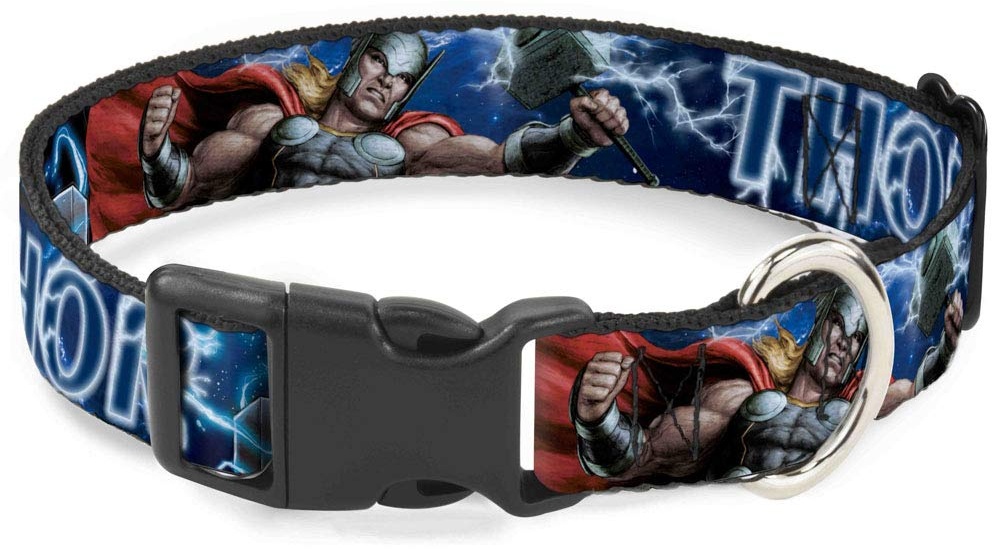Buckle-Down Clip-Halsband aus Kunststoff – Avengers Thor Hammer/Action Pose Galaxy Blues/Weiß