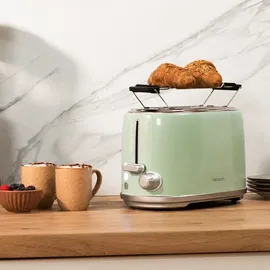 Cecotec Toaster 2 Scheiben Toast&Taste 1000 Retro Double Green, 980 W, 2 Breite und Kurze Schlitze von 3,8 cm, Edelstahl, Obere Roste, Regulierbare Leistung, Krümelschublade