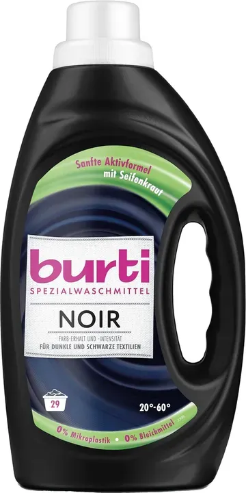 burti NOIR Feinwaschmittel – Black Waschmittel flüssig ohne Bleichmittel & Weichspüler - Fleckenentferner - 29 Wäschen – Farb- & Faserschutz für dunkle Textilien