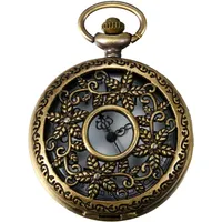 JewelryWe Taschenuhr Retro Blumenmuster Hohe Openwork Analog Quarz Uhr mit Halskette Kette Uhren Pocket Watch Geschenk Bronze