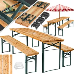 tectake® Bierzeltgarnitur, 3-teilig mit Sonnenschirmhalterung, belastbar, Holzlackierung mit Klarlack