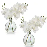 2 pcs Künstliche Orchideen Weiß mit Schillernd Glasvase, Kunstpflanze Decor Orchidee Kunstblumen im vase mit Real Touch Blüten, Gefälschte Orchideen künstliche Bonsai für Hotel Wohnzimmer Büro Küche