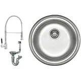 Faizee Möbel Edelstahlspüle Edelstahlspüle Ø 42 cm + Armatur Küchenspüle inkl. Siphon-Set, Rund mit Armatur Spiral silberfarben Rund mit Armatur Spiral | 17 cm