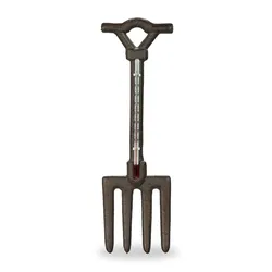 Relaxdays Außenthermometer analog, Gusseisen, Garten Thermometer Wand, antikes Mistgabel-Design, H x B: 30 x 9 cm, braun