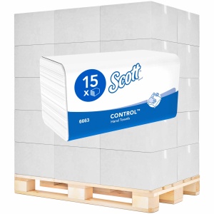 Kimberly-Clark Papierhandtücher SCOTT Control, V-Falz, 22 x 32 cm, 1-lagige Papierhandtücher Scott Control mit AirflexTM-Technologie, weiß, 1 Palette = 32 Kartons à 15 Päckchen