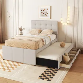 XDOVET Polsterbett, 90x200cm(90x190cm),Familienbett, Bett mit drei Schubladen, Ausziehbares Rollbett, Verstellbares Kopfteil