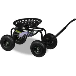 Relaxdays fahrbarer Gartensitz, höhenverstellbar, 150 kg, Stauraum, Rollsitz Gartenarbeit, Stahl, Luftreifen, schwarz