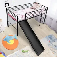 GOPLUS Kinderbett, Eisenbett mit Rutsche, Sicherheitßchienen, Treppe, Eisenrahmen, Hochbett Kinder Bett für Kinderzimmer & Kindergarten (Schwarz)