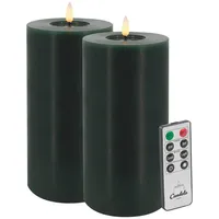 LC Home LED-Kerze LED Kerzen Set Winter Echtwachs Timerfunktion Fernbedienung dimmbar (Set, 2-tlg., LED Kerzen Winter, Teelicht und Stumpenkerze mit Reflexionsspiegel), LED Kerzen mit Timerfunktion Fernbedienung Dimmbar grün Ø 10 cm x 20 cm