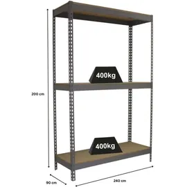 Proregal Schwerlastregal Wood Beast Three HxBxT 200 x 240 x 90 cm 3 Ebenen Fachlast 400 kg Grau