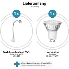ledscom.de Steckdosenlampe LESCH Leselampe Schwanenhals, chrom/weiß, inkl. GU10 LED (warmweiß, 7,6W, 1103lm, 33°)